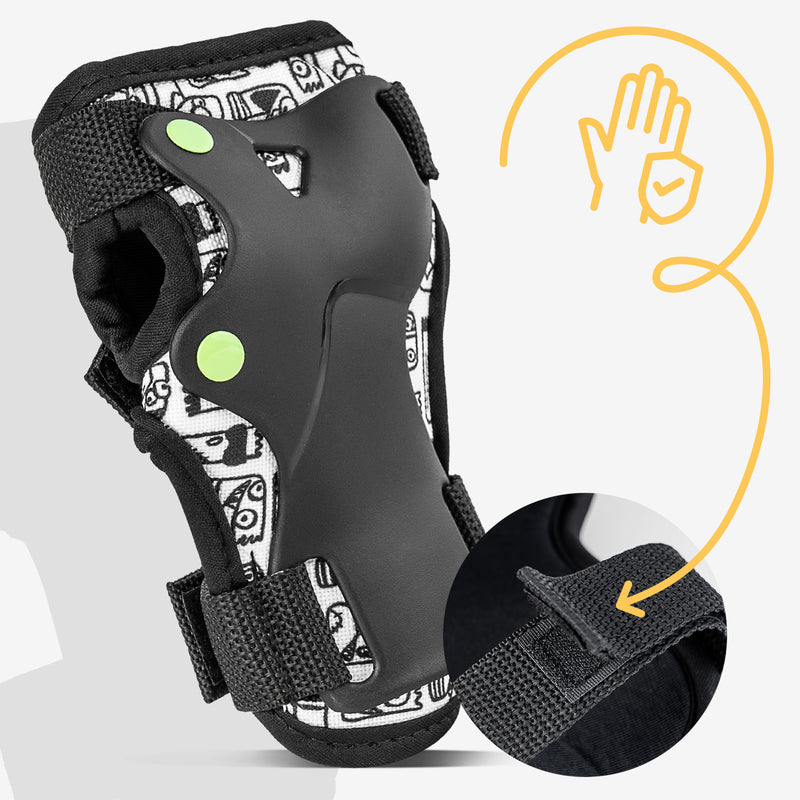 Wrist guards with double Velcro straps ensure a snug, safe fit.