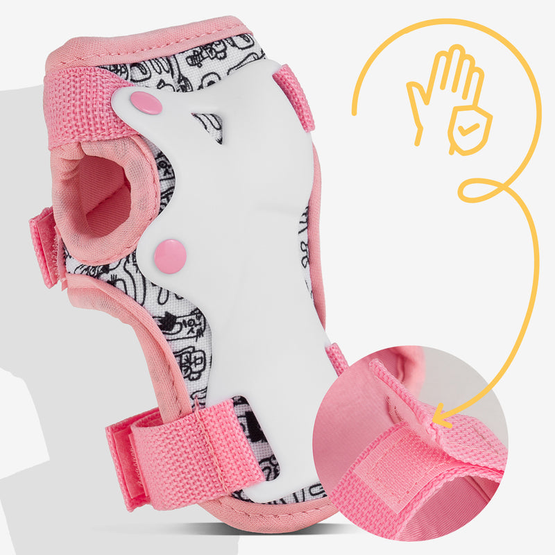 Wrist guards with double Velcro straps ensure a snug, safe fit.